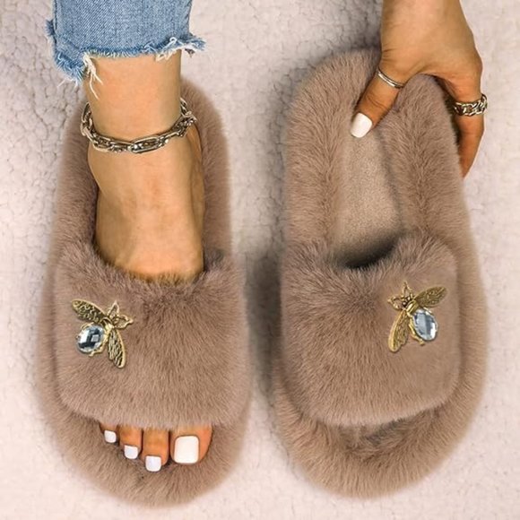 Neiman Marcus Shoes - Neiman Marcus Designer Bee Decor Faux Fur Luxury Slippers